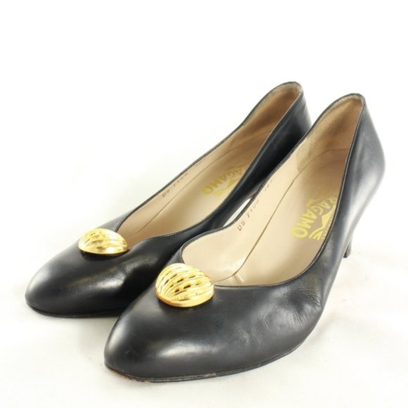 Salvatore Ferragamo Shoes - VINTAGE SALVATORE FERRAGAMO Black Gold Pump Heels
